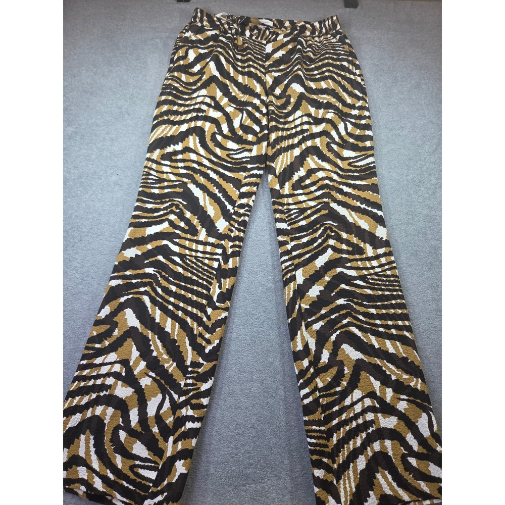 Calvin Klein Womens Zebra Print Wide Leg Pants Size M Brown White Chic